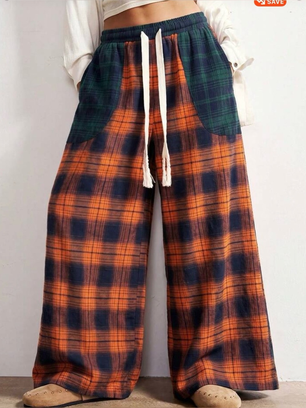 NWT Bohemela Orange and Navy Plaid Wide-Leg Lounge Pants, Various Sizes - Picture 9 of 14